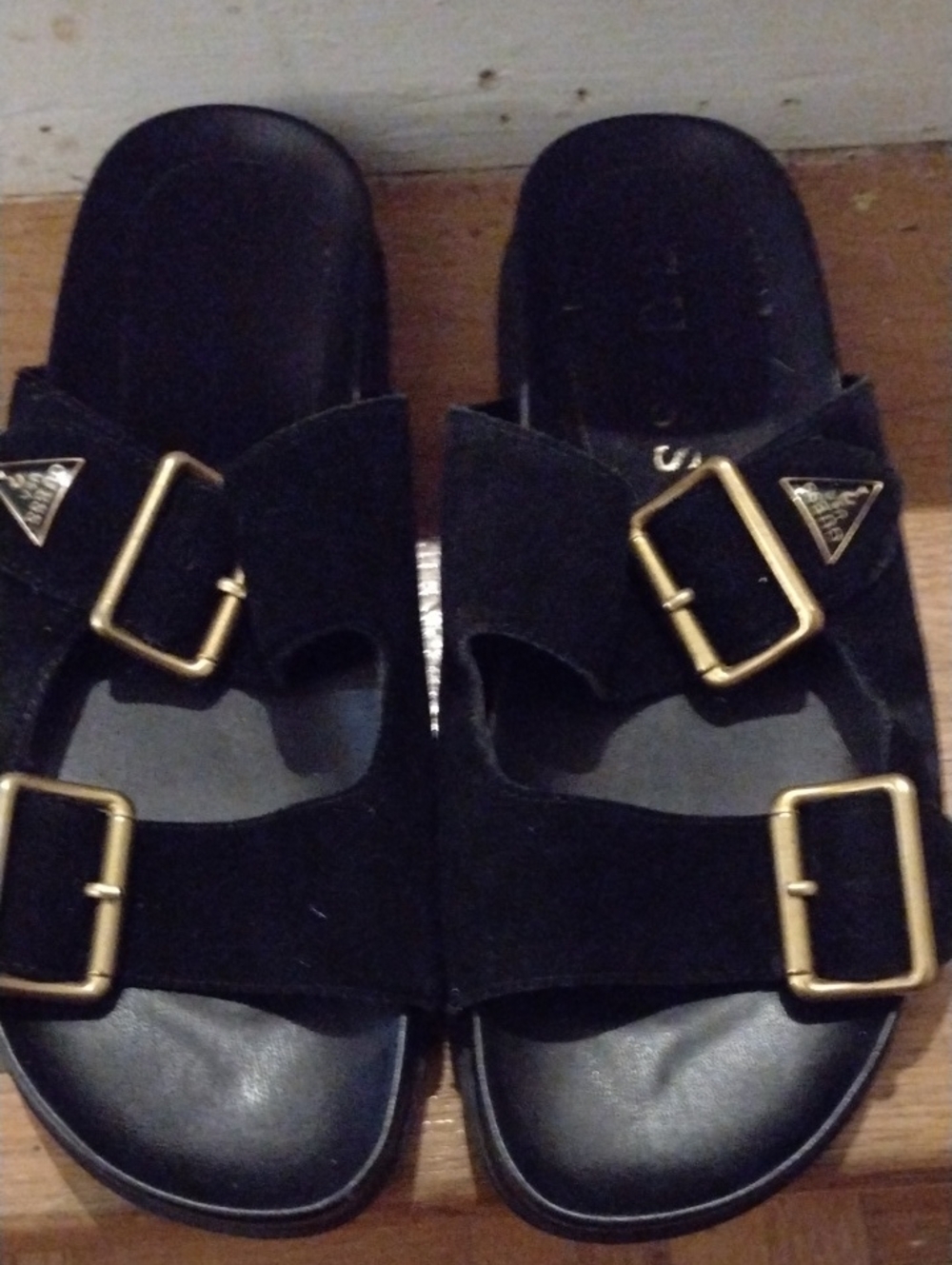 Guess Black Suede Double-Buckle Slide Sandals with Gold Hardware